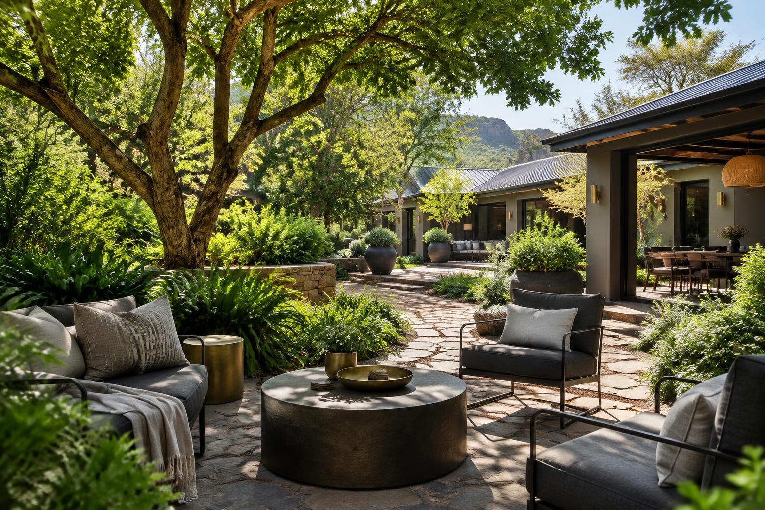 Illustrative image of a shaded guest house garden courtyard