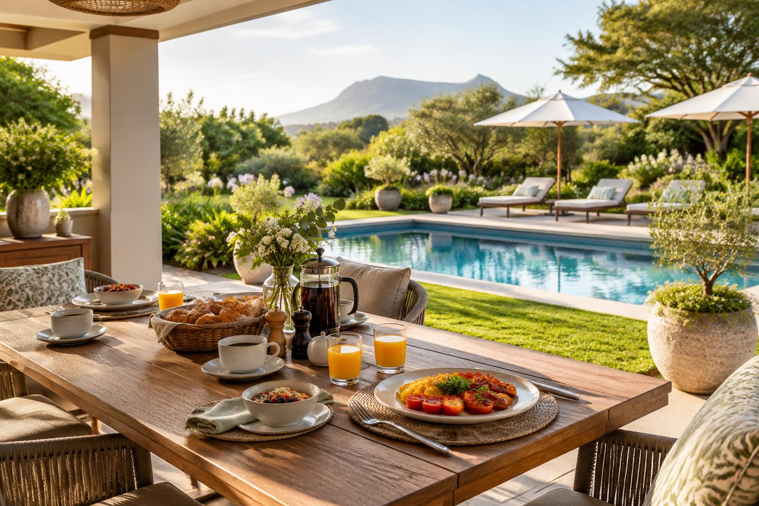 Illustrative image of a guest house breakfast terrace beside a pool